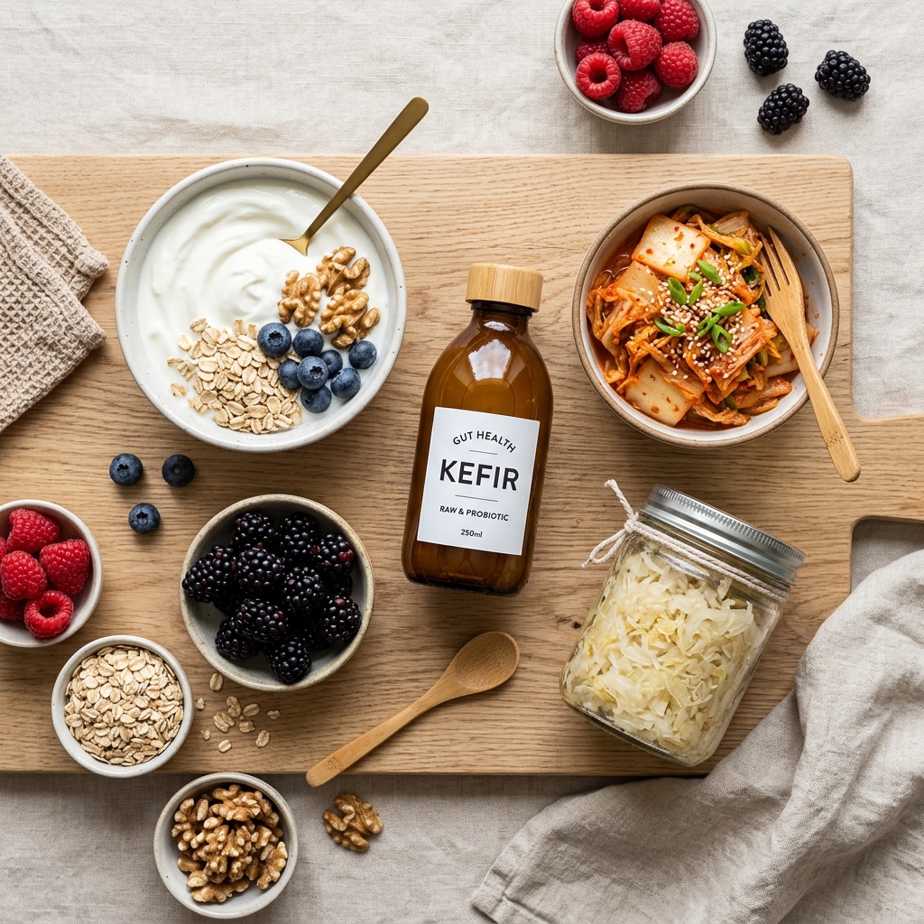 Fresh colourful vegetables and fermented foods on a wooden board
