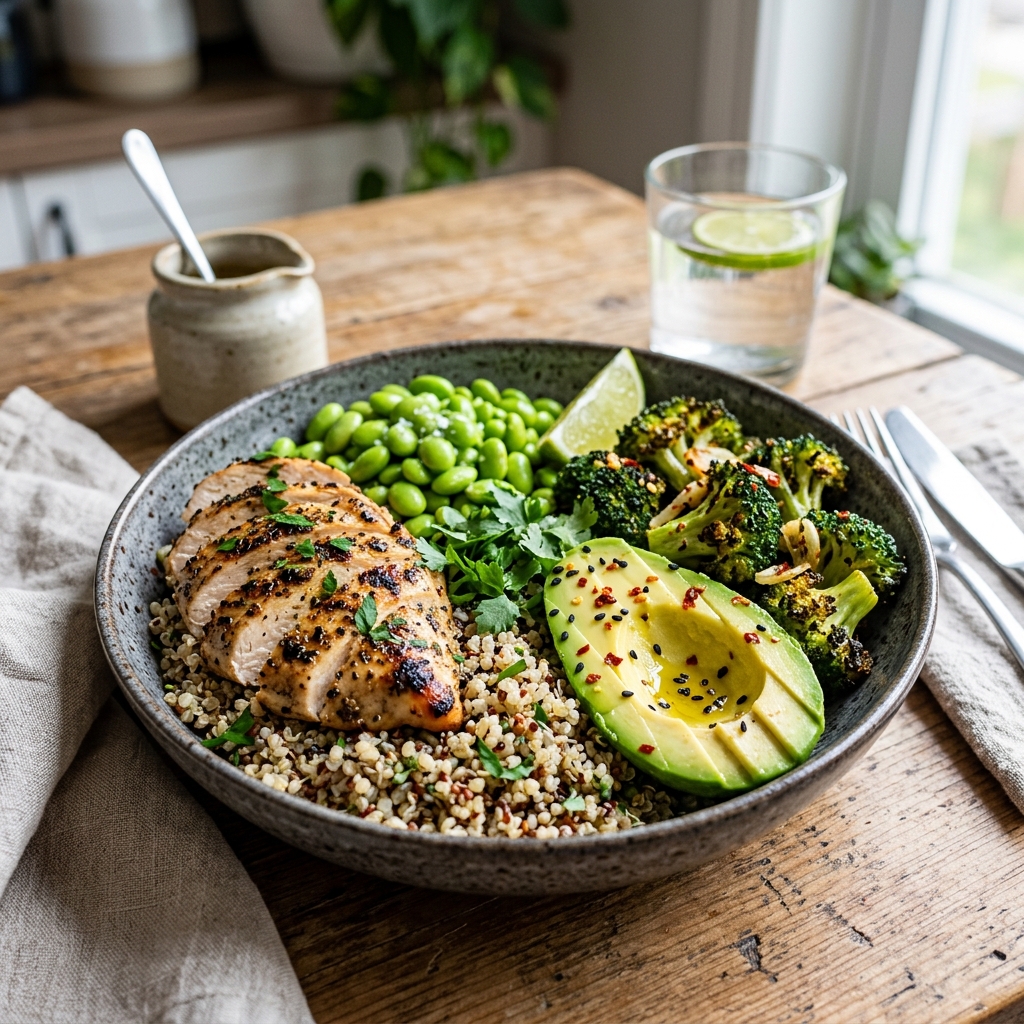 Colorful healthy food bowl with fresh vegetables, grains, and protein
