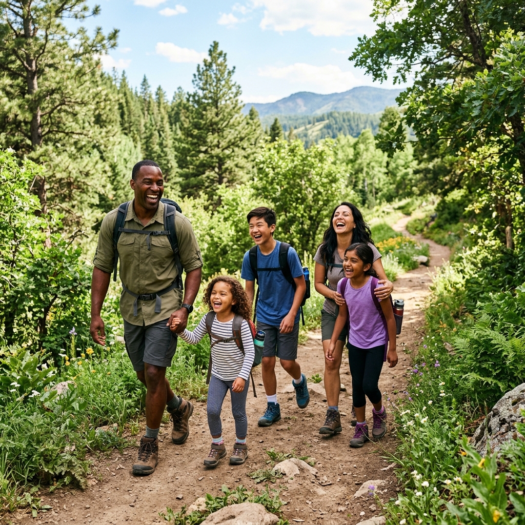 Family enjoying an outdoor hike together in nature.