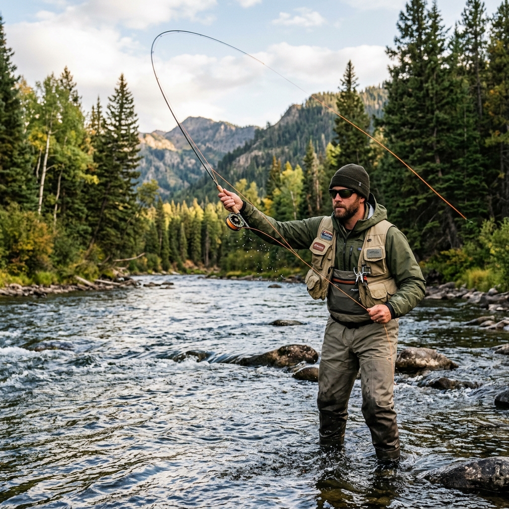 Person fishing in a scenic river environment, demonstrating active outdoor fitness.