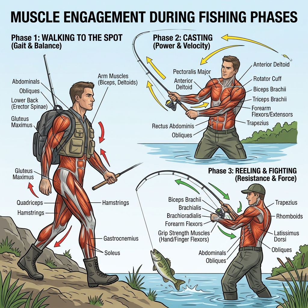 Muscle groups engaged during casting, reeling, and wading