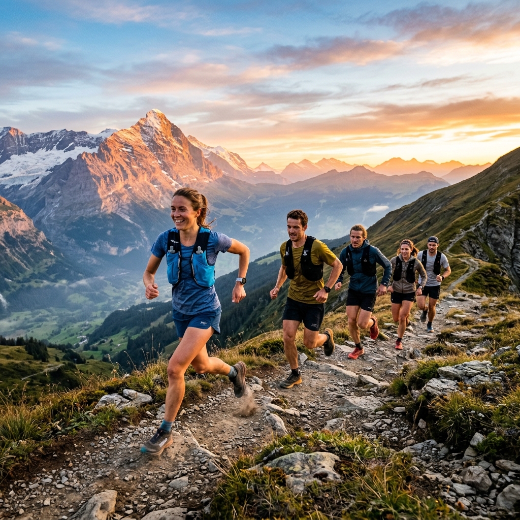 People running and biking on a challenging mountain trail during an outdoor fitness adventure.