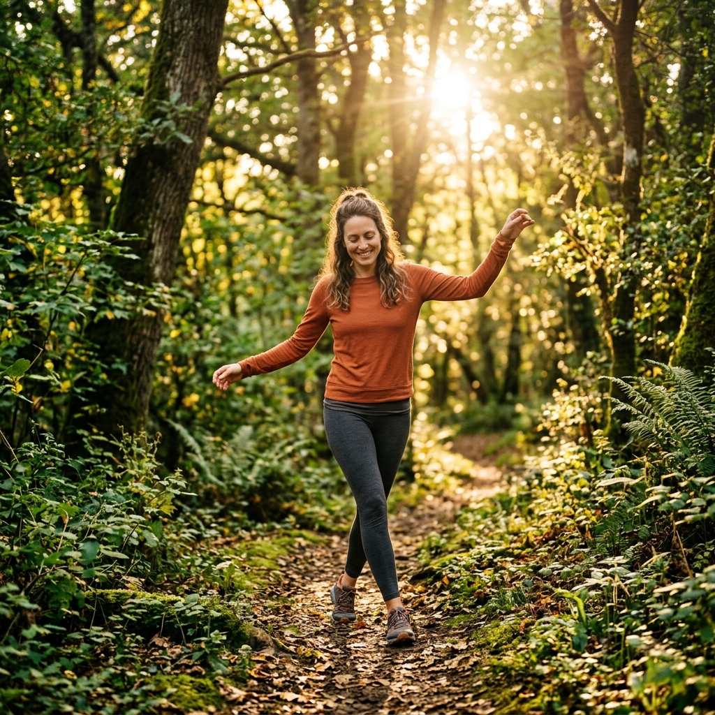 Person practicing mindful movement on a nature trail at sunset.