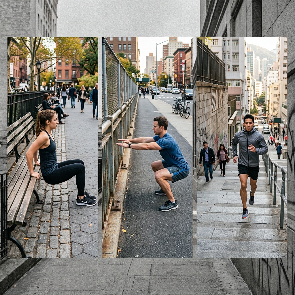 Collage of bodyweight exercises in an urban setting
