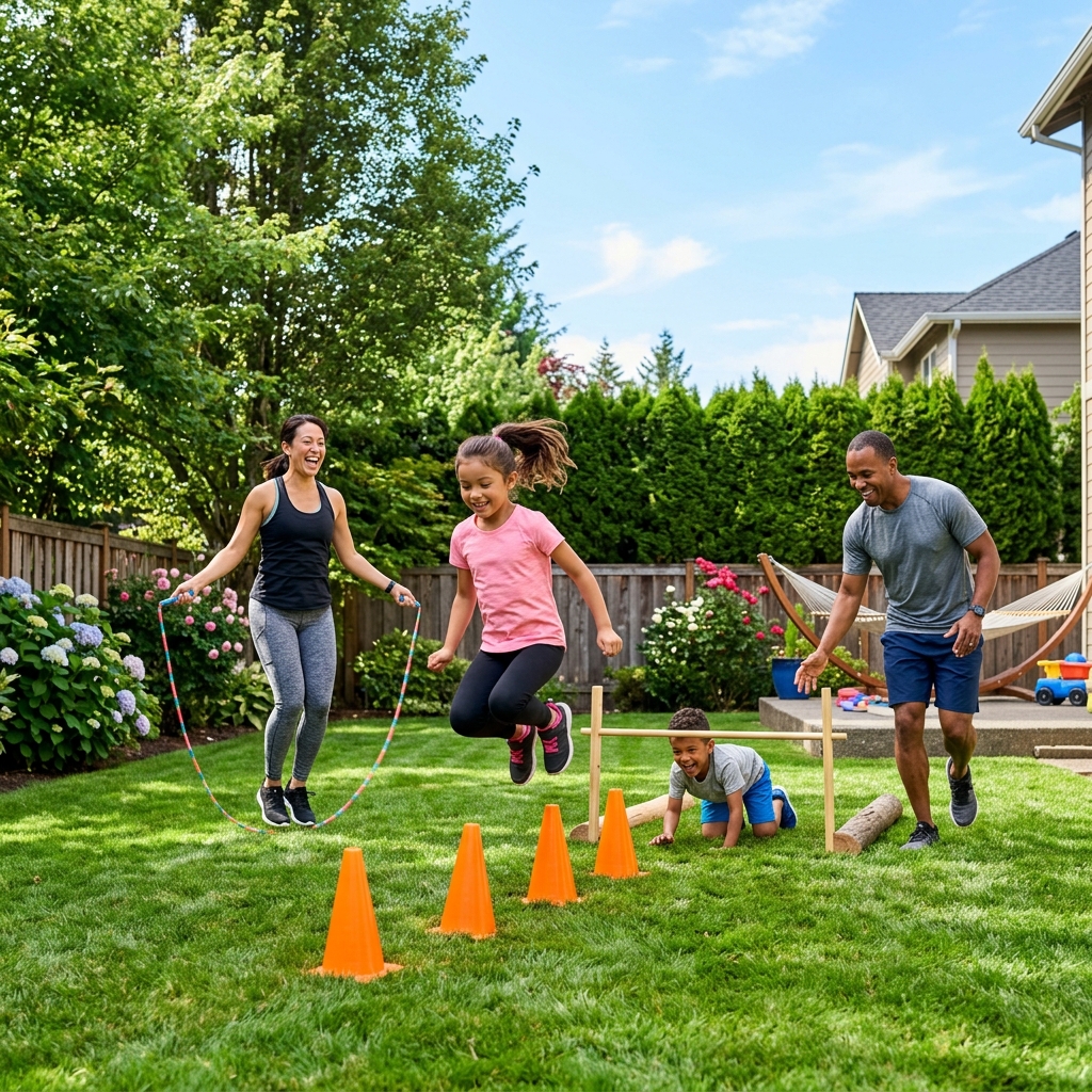 Family exercising together in a functional backyard gym setting.