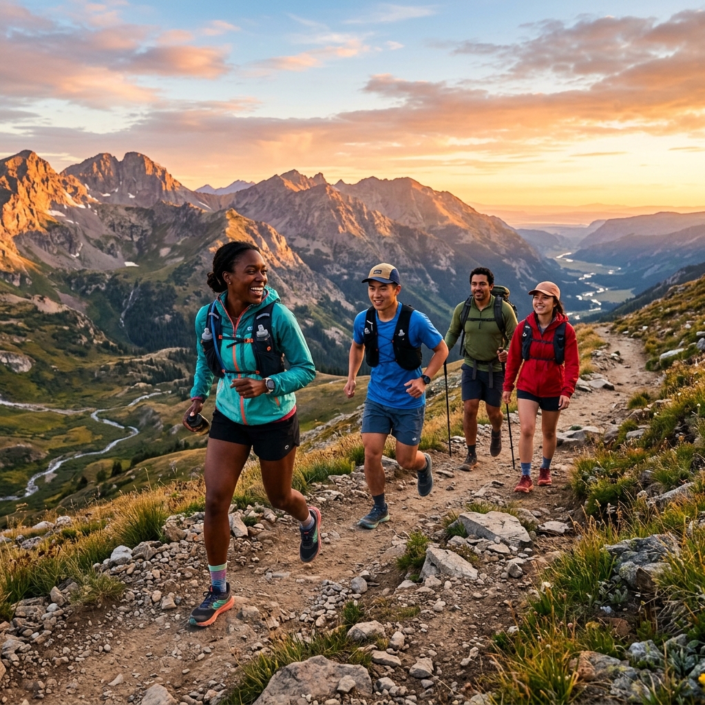 People enjoying an outdoor fitness activity on a sunny trail.