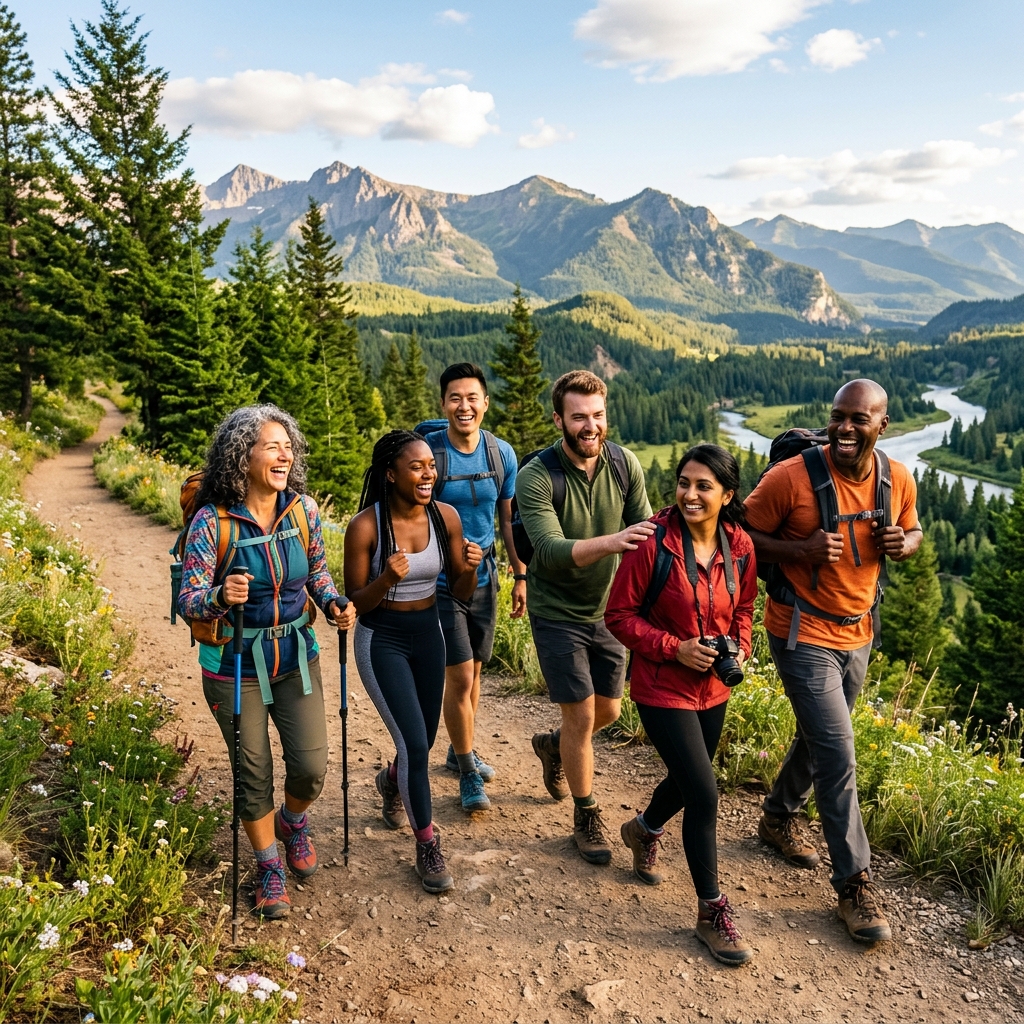 People exercising together outdoors on a scenic nature trail.