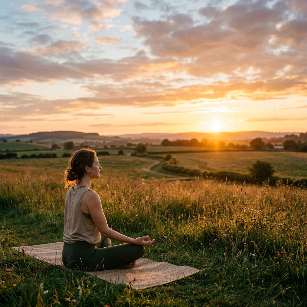 Inspirational Meditation at Sunrise in an Open Field
