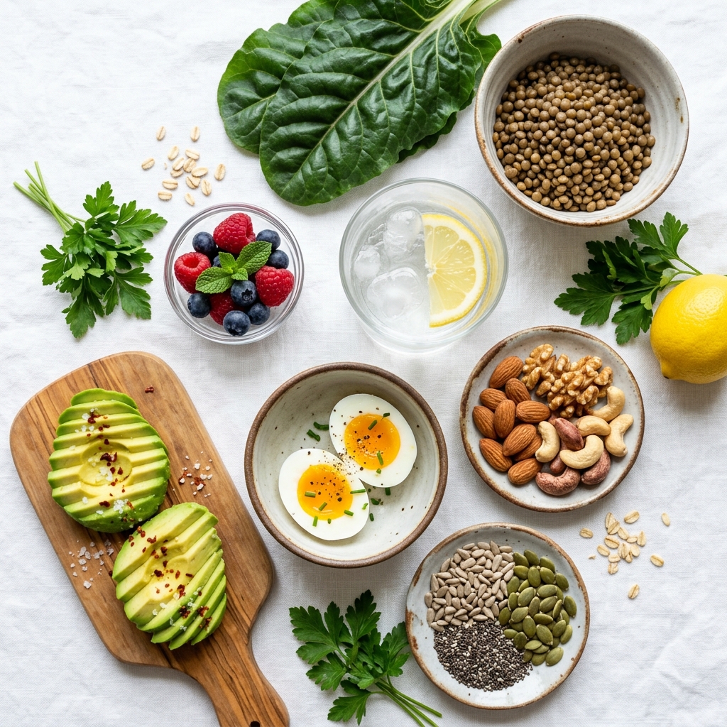 Biotin-rich foods including nuts, seeds, and eggs for healthy metabolism.