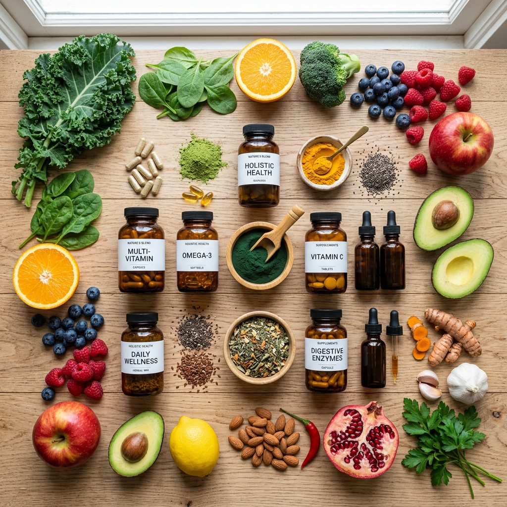 Supplements displayed alongside whole foods for optimal nutrition.