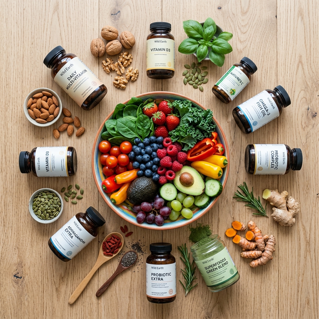 Assortment of vitamins and healthy foods illustrating nutritional supplementation.
