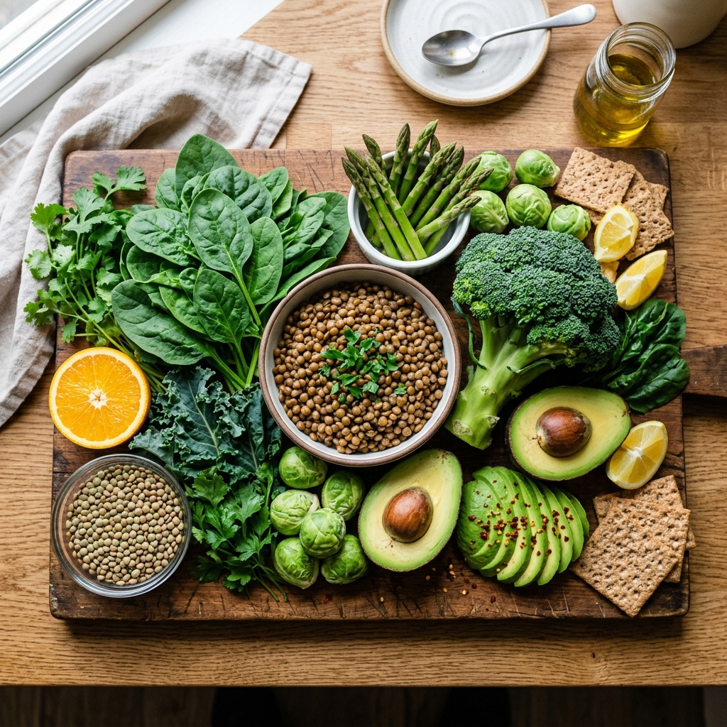 Fresh leafy greens and legumes representing Vitamin B9 sources.