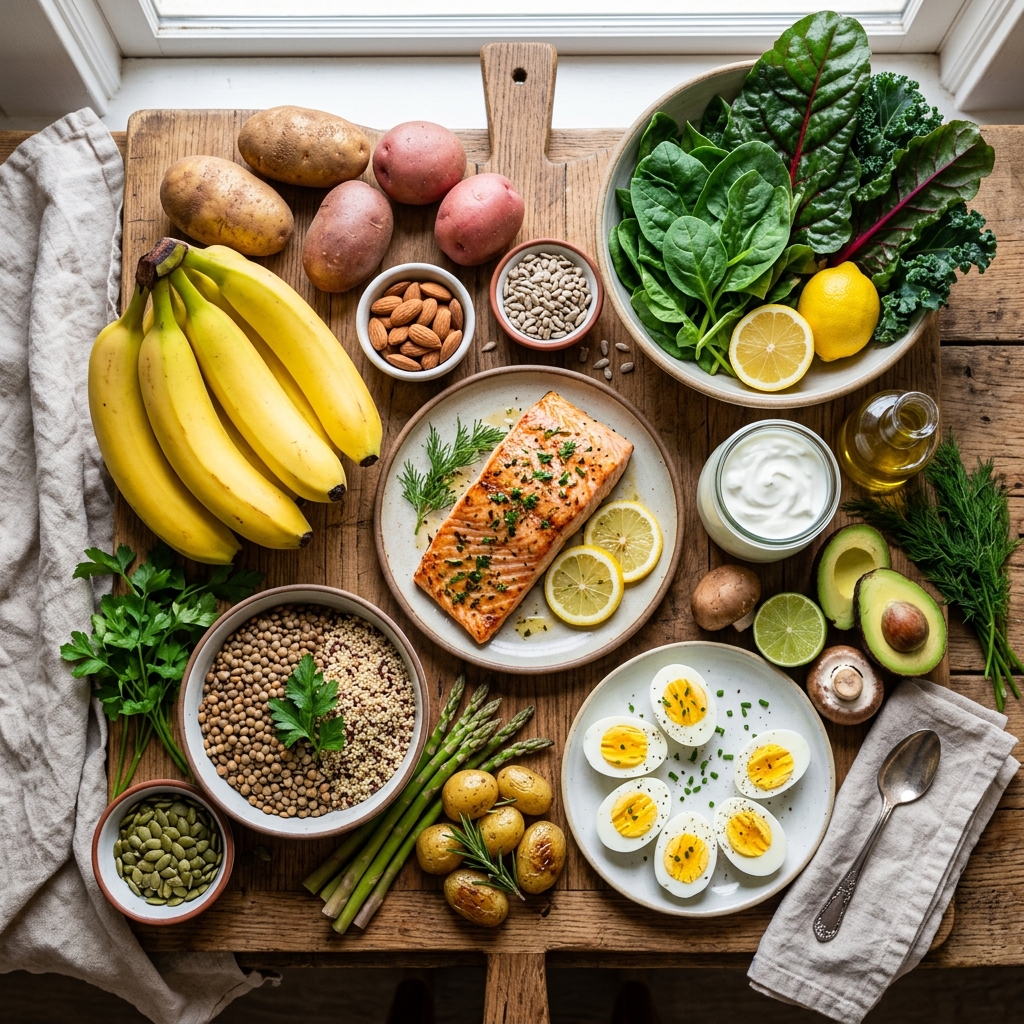 Diverse food sources of Vitamin B6 including fish, bananas, and green vegetables.
