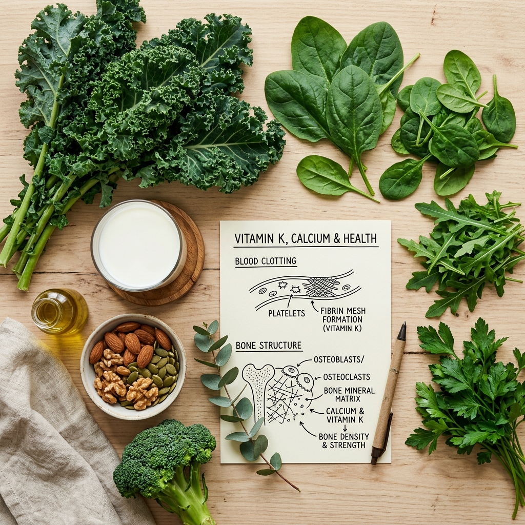 Vitamin K sources including greens and dairy for strong bones and healthy blood.