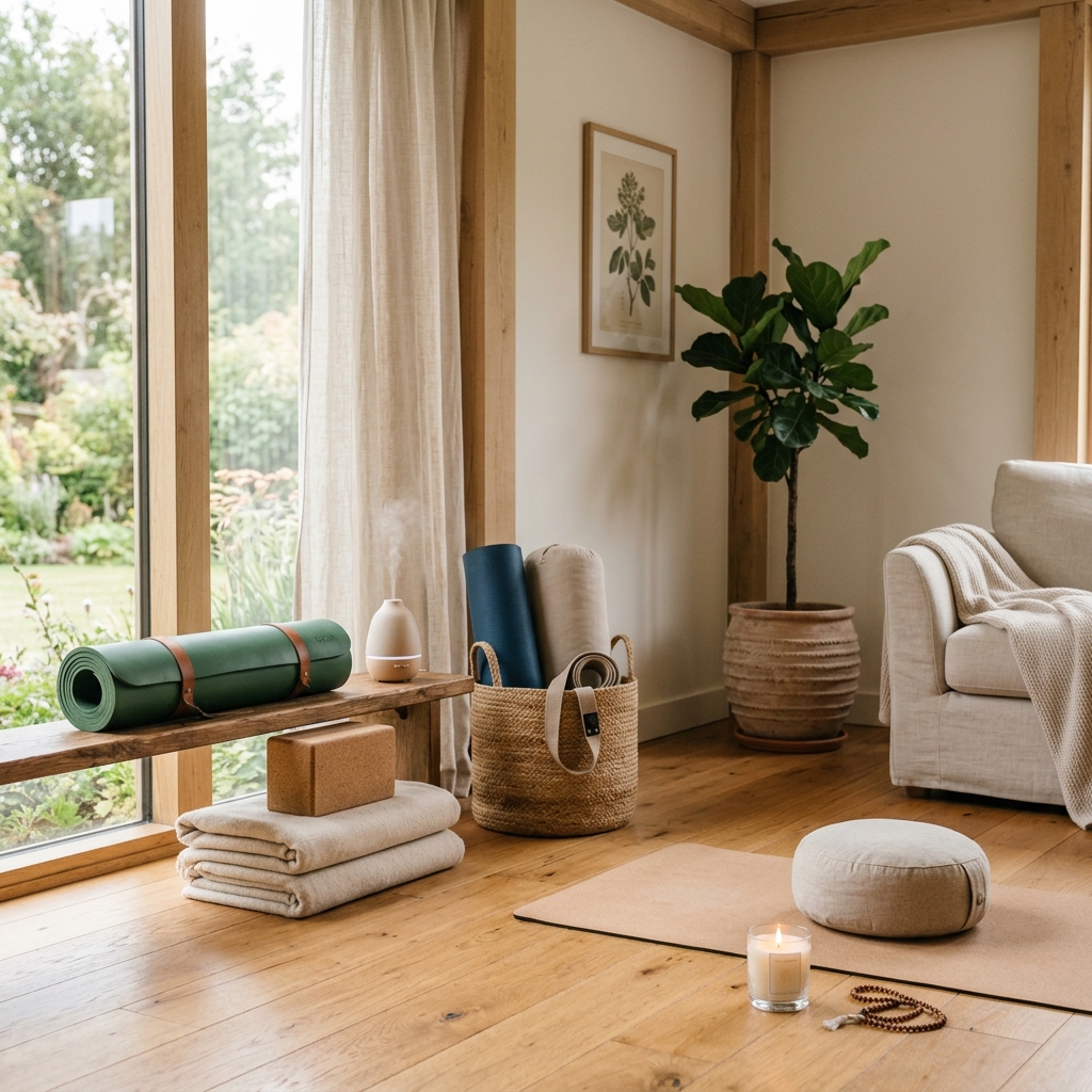 Peaceful home corner set up for daily yoga and meditation practice.