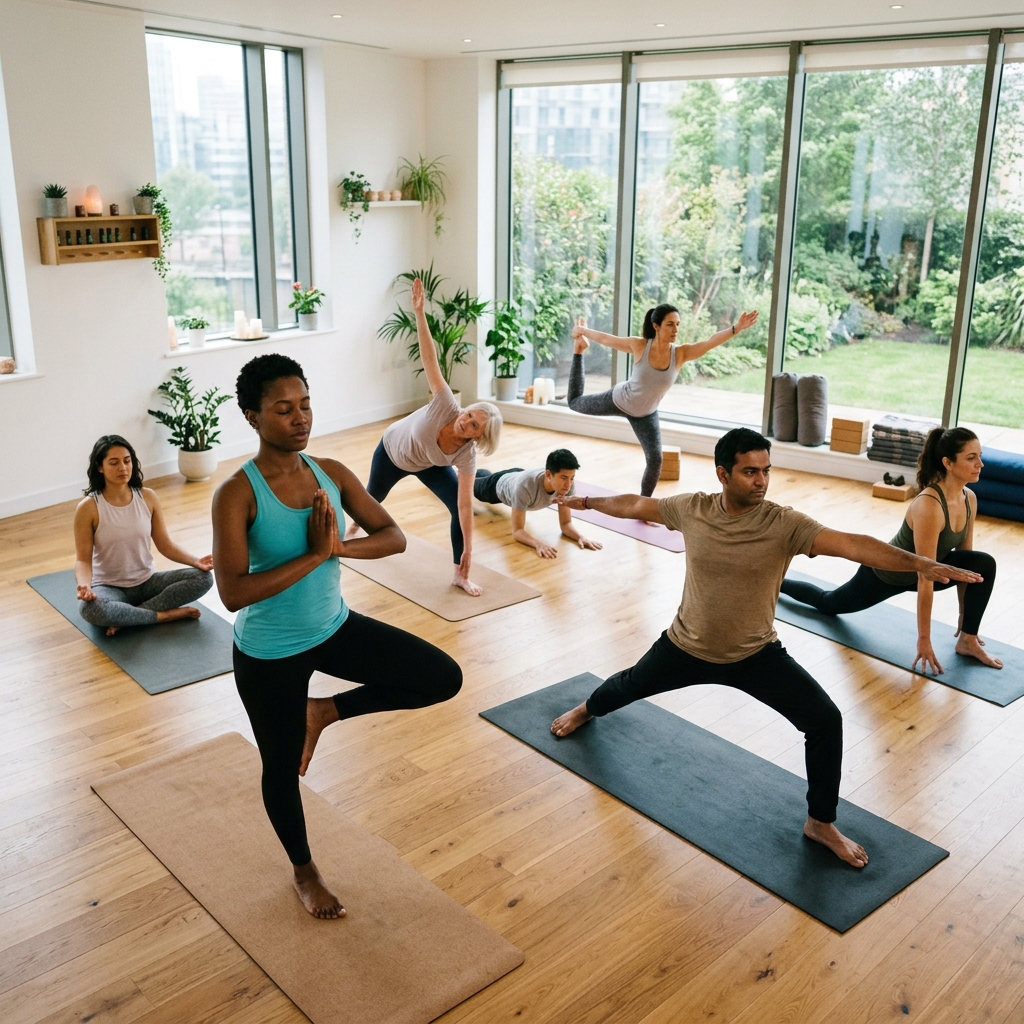 People practicing different styles of yoga together in a well-lit studio.