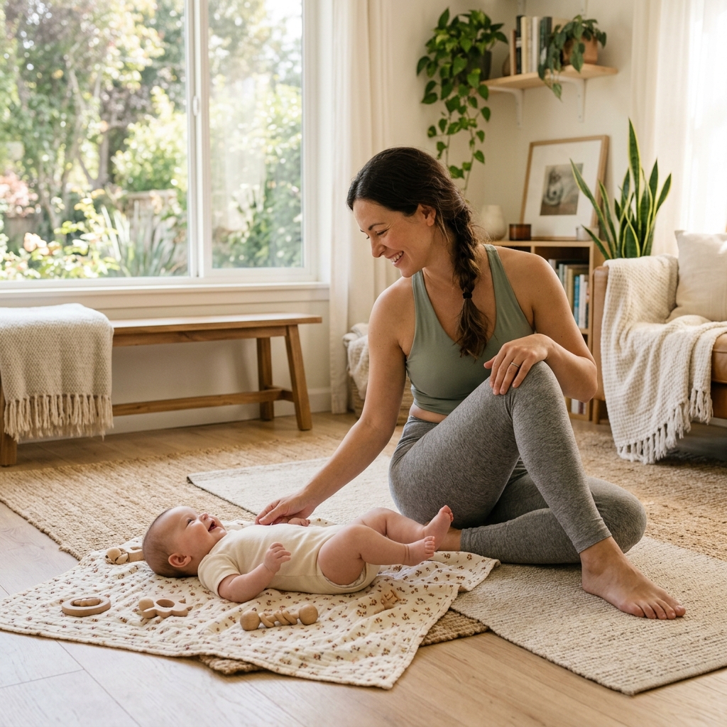 Mother and baby performing gentle postnatal yoga stretches together.