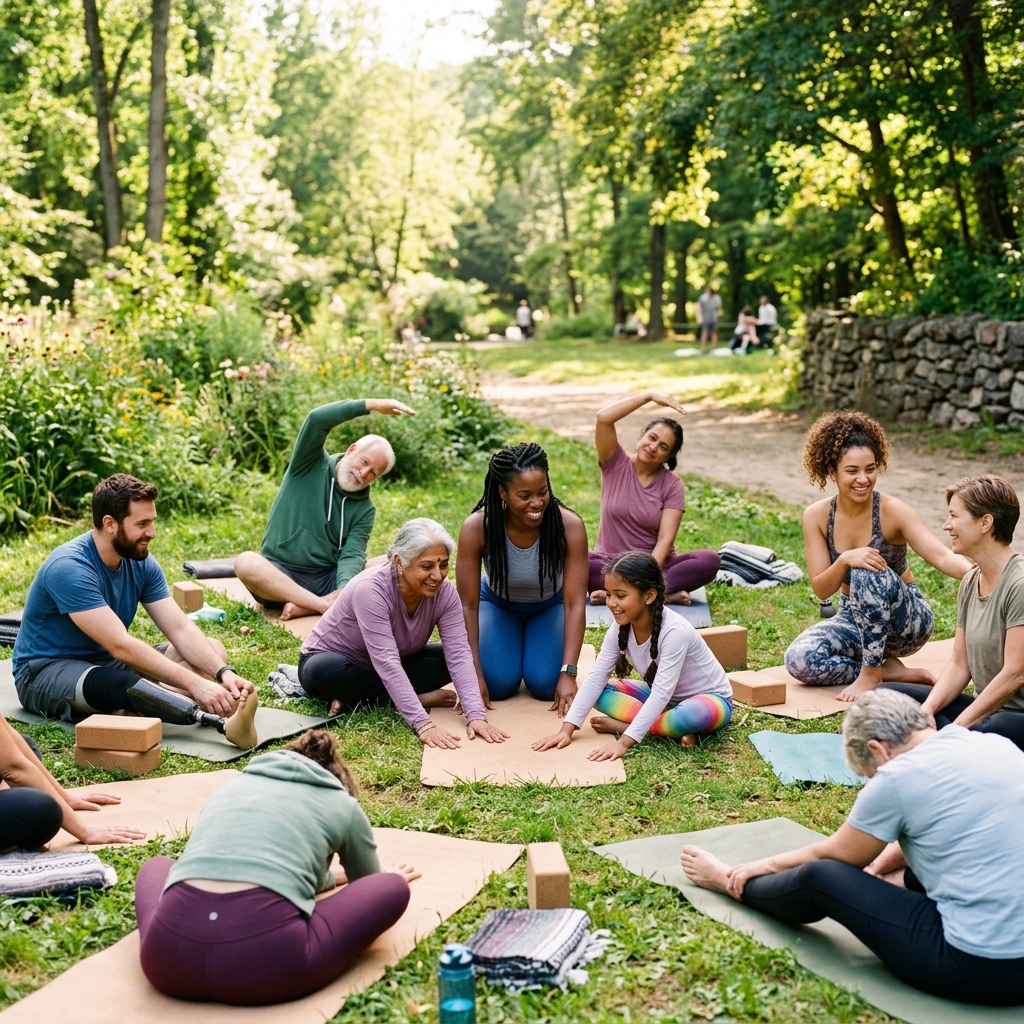 Diverse group of beginners practicing gentle yoga poses in a studio.