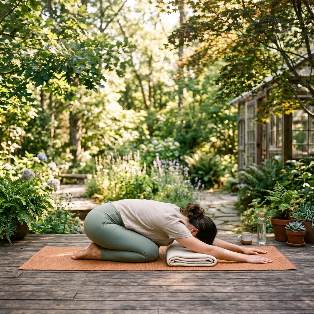Person practicing calming yoga poses outdoors to reduce stress.